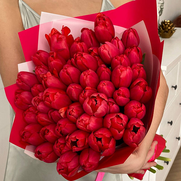 Букет из 51 красного тюльпана в фирменной упаковке