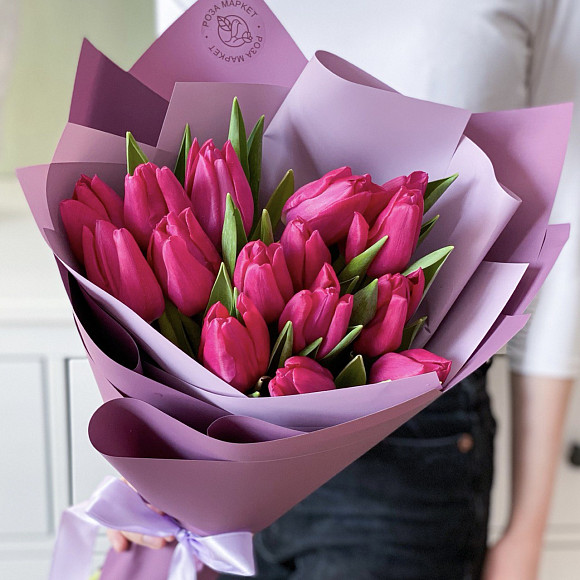 Букет из 15 малиновых тюльпанов (Голландия) в матовой упаковке