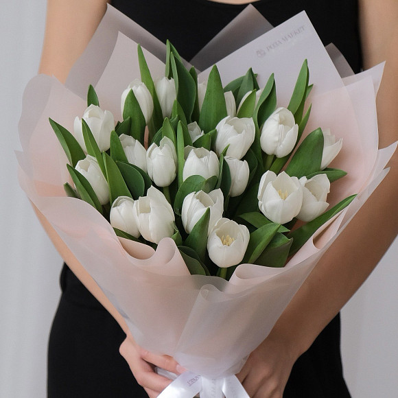 Букет из 21 белого тюльпана (Голландия) в матовой упаковке